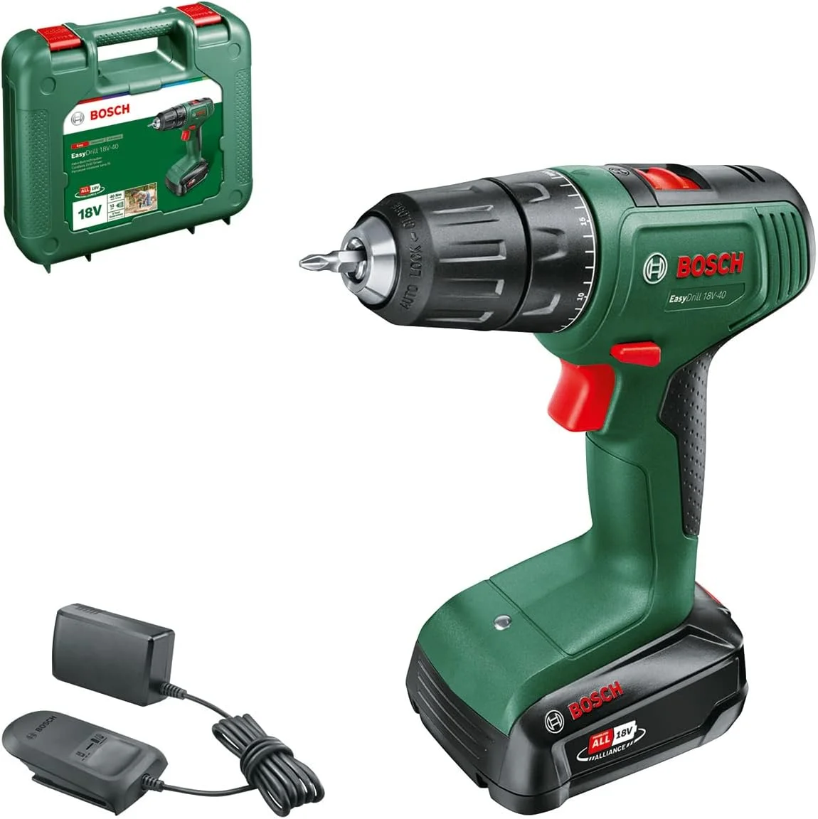 دریل شارژی خانگی و باغی بوش EasyDrill 18V-40 (1 باتری 2.0 آمپر ساعت، سیستم 18 ولت، در کیف حمل)