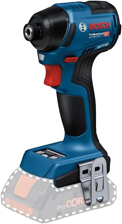 دریل پیچ گوشتی ضربه‌ای شارژی بوش مدل GDR 18V-220 C (سیستم 18 ولت بوش، تا 3400 دور در دقیقه، گشتاور 220 نیوتن متر، موتور براشلس، بدون باتری و شارژر، شامل 1 گیره کمربند، 1 نگهدارنده مته)