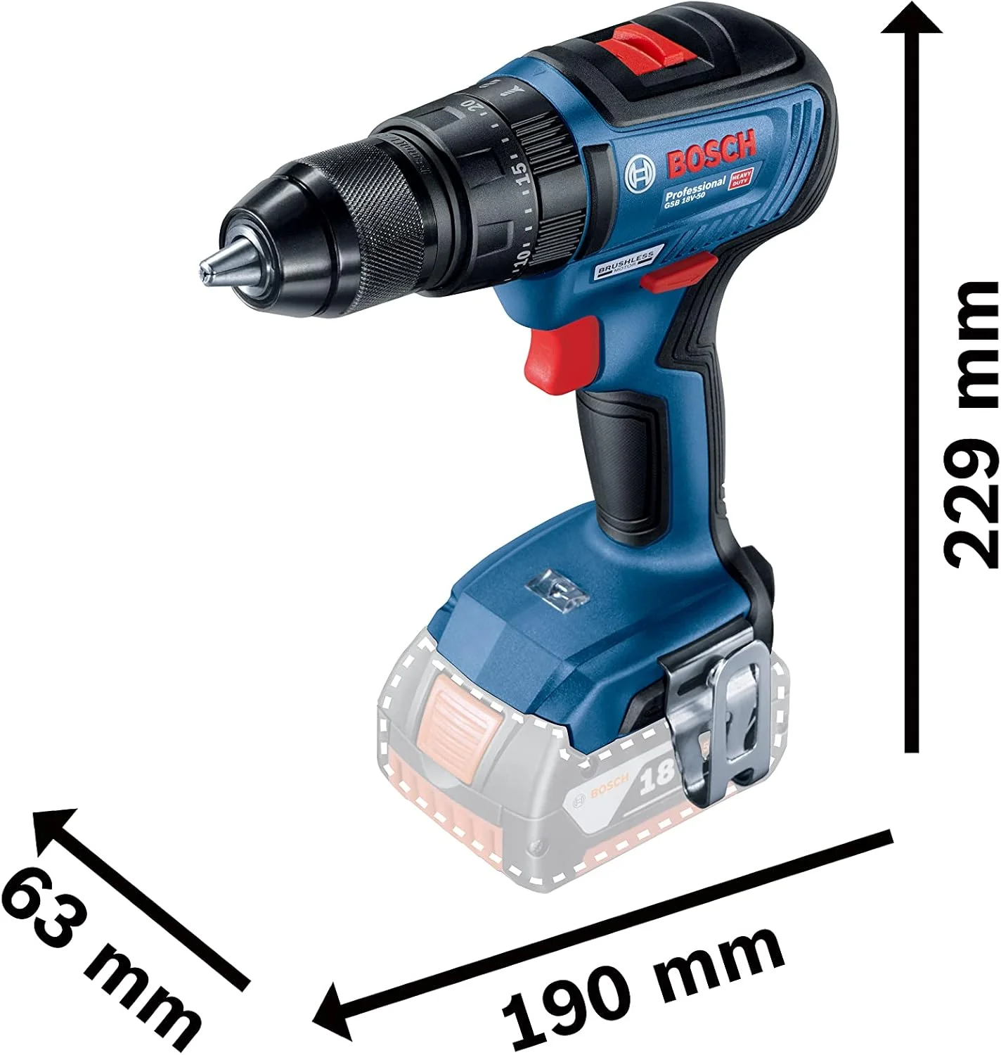 Bosch GSB 18V-50 Professional Cordless Combi Drill (Battery and Charger Not Included)