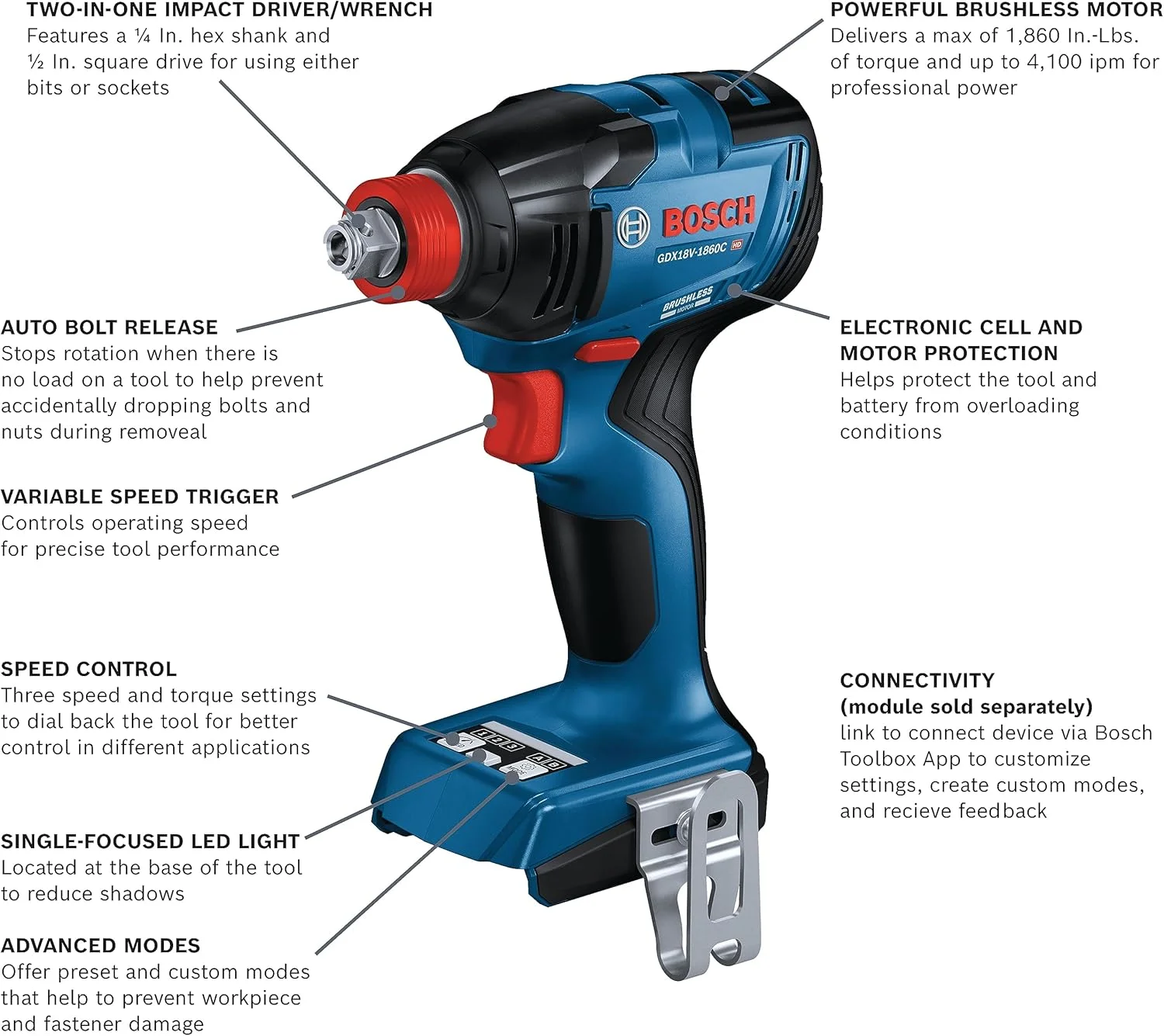 دریل پیچ گوشتی ضربه ای بوش مدل GDX18V-1860CN، 18 ولت، فریک دو کاره، درایو 1/4 اینچ و 1/2 اینچ (فقط بدنه)