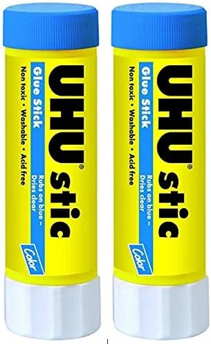 چسب ماتیکی رنگی UHU، 40 گرم، آبی، هنگام استفاده آبی است و پس از خشک شدن شفاف می شود، قابل شستشو، بدون حلال، دارای درپوش پیچی، بسته 2 عددی 99653