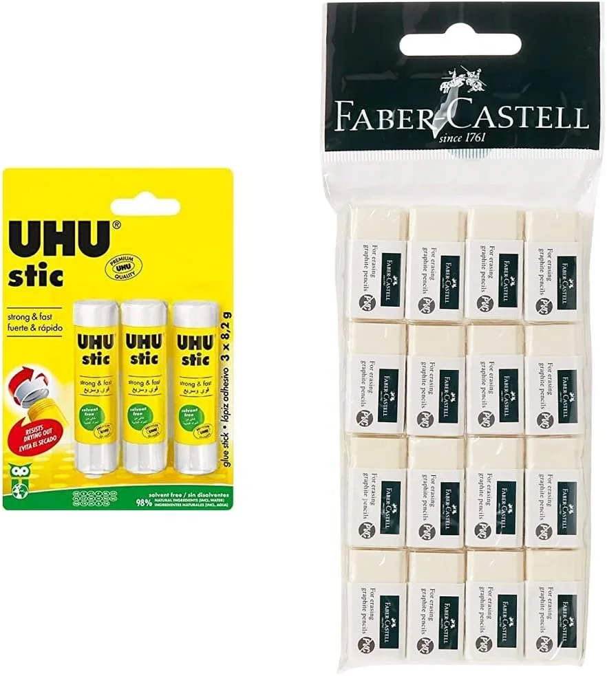 چسب ماتیکی بدون حلال اوهو 8.2 گرمی 3 عددی، شفاف، چسب ماتیکی اثبات شده - به طور قوی، سریع و دائمی می چسباند، بدون حلال، 041275 و پاک کن بدون پی وی سی کوچک بسته پلی اتیلن 16 عددی