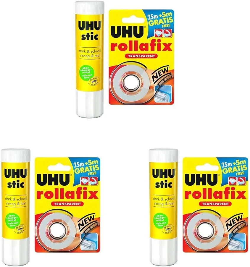 چسب ماتیکی 21 گرمی UHU + چسب نواری شفاف لوازم التحریر UHU Rollafix 25 متری در 19 میلی متر (بسته 3 عددی)
