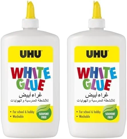 چسب سفید UHU، ۴۷۰ میلی لیتر، چسب کاردستی بدون حلال برای سرگرمی خلاقانه. چسباندن کاغذ، مقوا، نمد، پارچه، پر، مروارید، چوب، مواد طبیعی و غیره. (بسته 2 عددی)