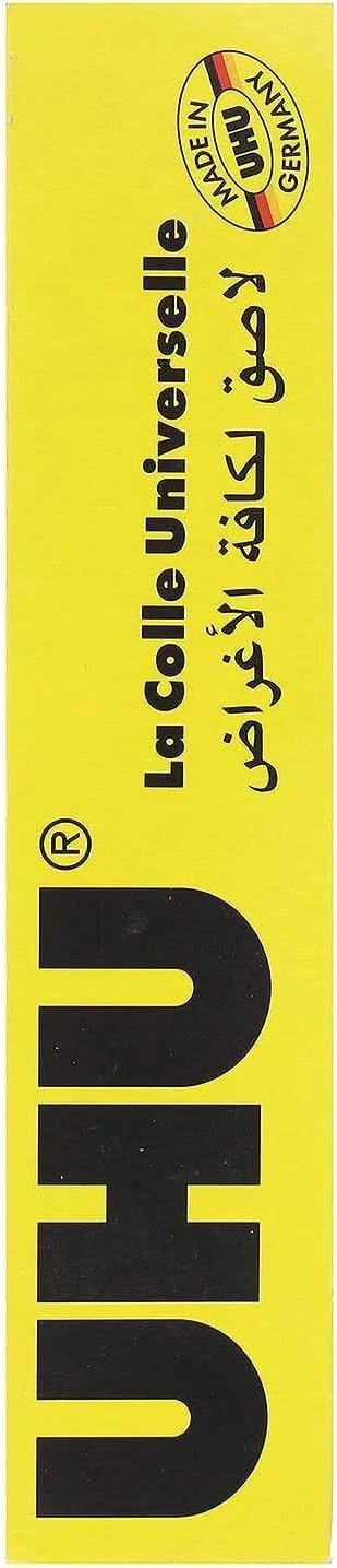 چسب همه کاره UHU - 125 میلی لیتر، شفاف کریستالی، چند رنگ، خشک شدن شفاف، مناسب برای چوب، مقوا، کاغذ، پارچه، چرم، شیشه، مرمر، سفال، چینی، نمد، چوب پنبه، نی
