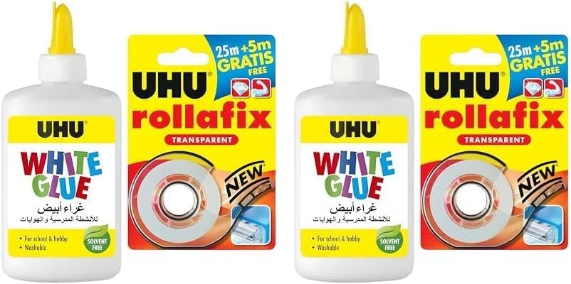 چسب سفید اوهو 122 میلی لیتر، چسب کاردستی بدون حلال برای سرگرمی خلاقانه + نوار چسب شفاف لوازم التحریر اداری اوهو Rollafix 25 متر در 19 میلی متر، (بسته 2 عددی)