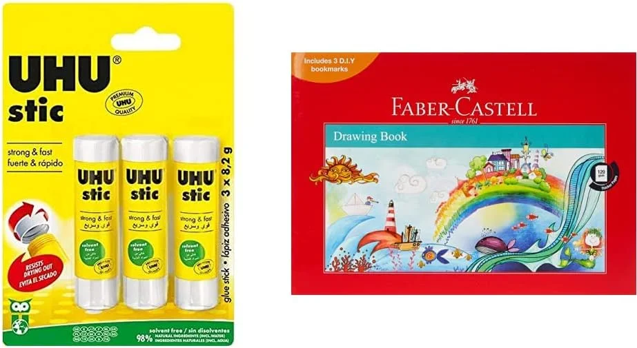 چسب ماتیکی اوهو، چسب ماتیکی اثبات شده - به طور قوی، سریع و دائمی می چسباند، بدون حلال، 8.2 گرم، مجموعه 3 عددی، سفید و دفتر طراحی فابر-کاستل A4 120 گرم 36 برگ