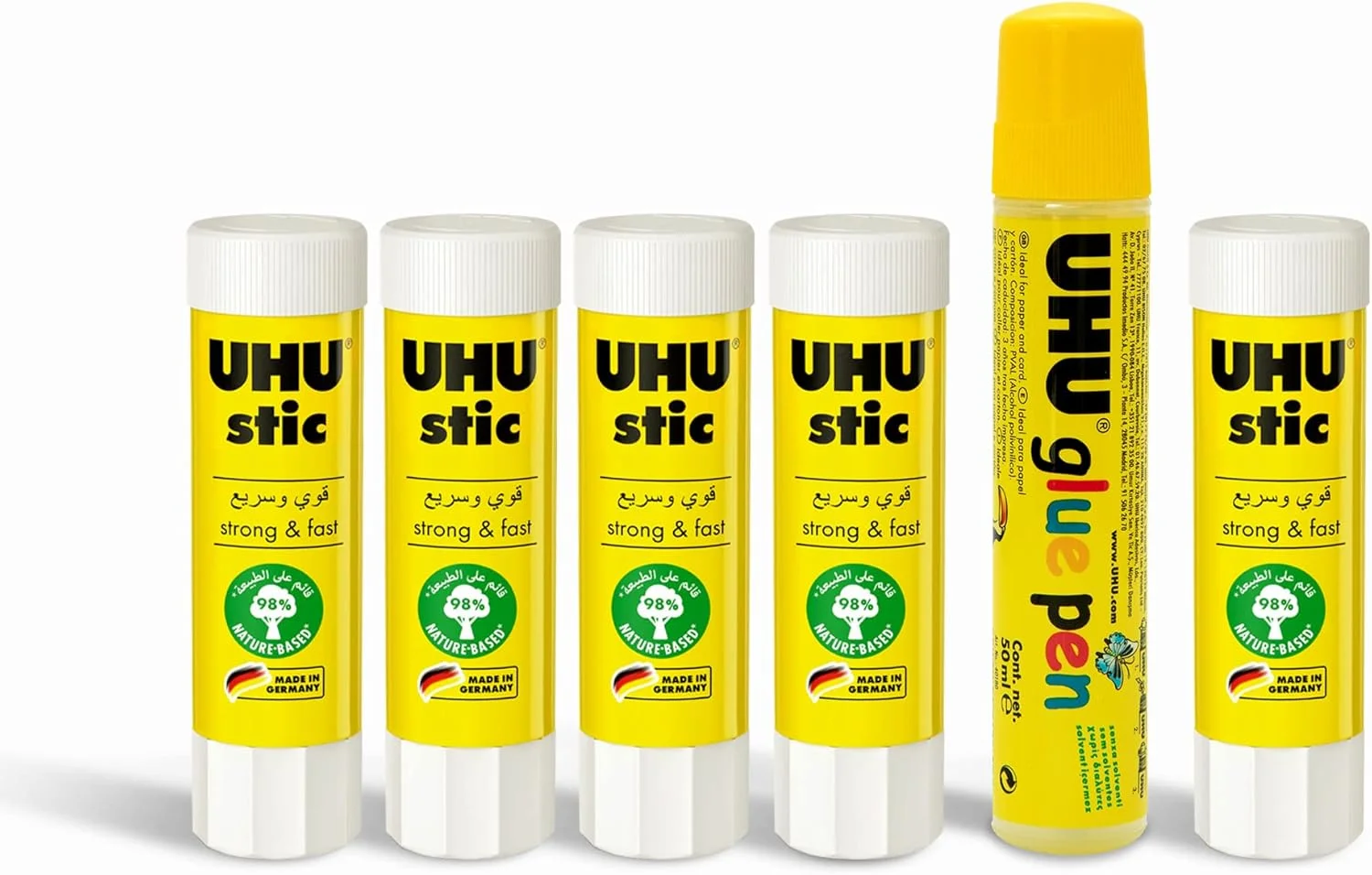 چسب ماتیکی 21 گرمی UHU بسته 5 عددی + قلم چسب UHU 50 میلی لیتری بسته 1 عددی، چسب های ماتیکی و قلم چسب مایع قوی، سریع و پایدار