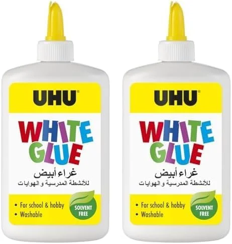 چسب سفید UHU 245 میلی لیتر، چسب کاردستی بدون حلال برای سرگرمی خلاقانه. چسباندن کاغذ، مقوا، نمد، پارچه، پر، مروارید، چوب، مواد طبیعی و غیره. (بسته 2 عددی)