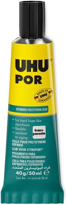 چسب مخصوص UHU POR، چسب سریع برای چسباندن پلی استایرن منبسط شده، 50 میلی لیتر، شفاف، 3-63176