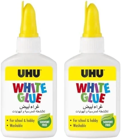 چسب سفید UHU، 39 میلی لیتر، چسب کاردستی بدون حلال برای سرگرمی خلاقانه. چسباندن کاغذ، مقوا، نمد، پارچه، پر، مروارید، چوب، مواد طبیعی و غیره (بسته 2 عددی)