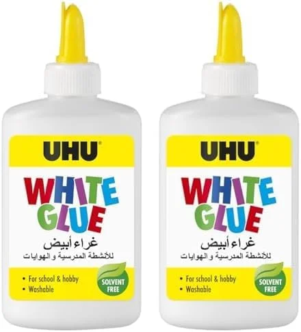 چسب سفید UHU، 122 میلی لیتر، چسب صنایع دستی بدون حلال برای سرگرمی خلاقانه. کاغذ، مقوا، نمد، منسوجات، پر، مروارید، چوب، مواد طبیعی و غیره را می چسباند. (بسته 2 عددی)