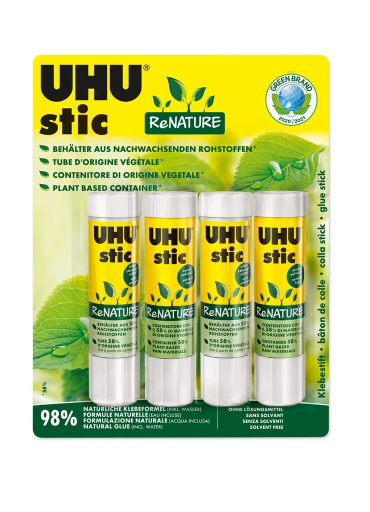 چسب ماتیکی بدون حلال UHU stic ReNATURE - ساخته شده از 98% مواد طبیعی - 4 عدد 21 گرمی