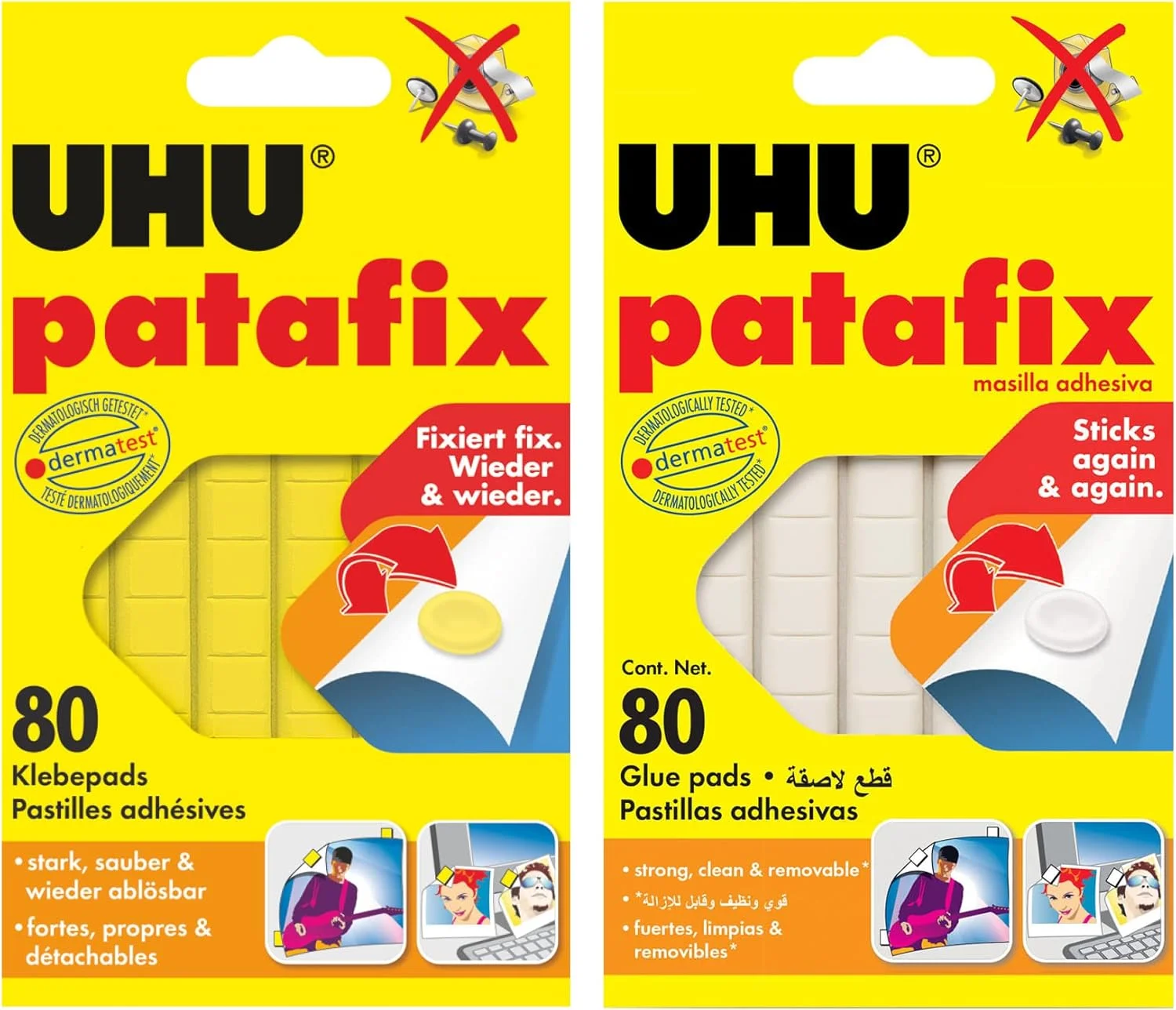 بسته پیشنهادی UHU Patafix X 2، پدهای چسبی قابل جابجایی و استفاده مجدد، چسب از پیش برش خورده و قابل تغییر موقعیت، 160 پد، زرد و سفید، متنوع، 39125+44390 (بسته 2 عددی)