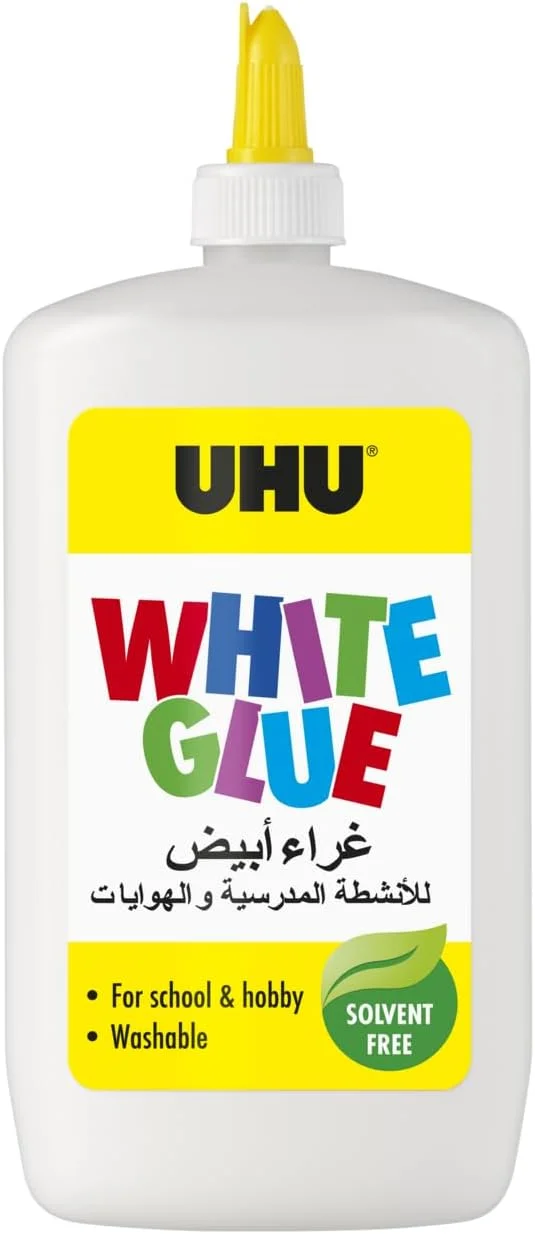 چسب سفید UHU حجم 470 میلی لیتر، چسب کاردستی بدون حلال برای سرگرمی خلاقانه. چسباندن کاغذ، مقوا، نمد، منسوجات، پر، مروارید، چوب، مواد طبیعی و غیره.