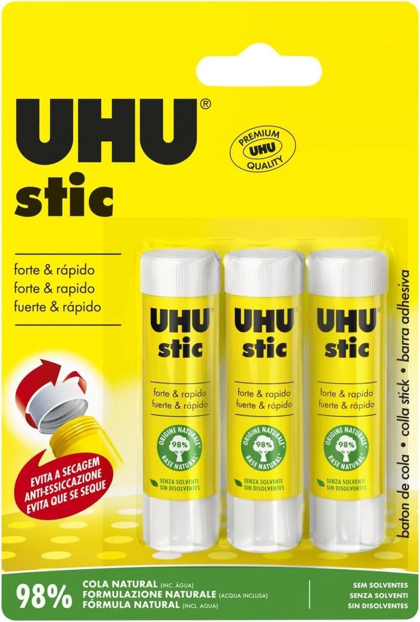 چسب ماتیکی UHU، 8.2 گرم، بسته 3 عددی، چسب ماتیکی اثبات شده برای مدرسه، خانه، دفتر، کودکان، هنر و صنایع دستی، 98% طبیعی