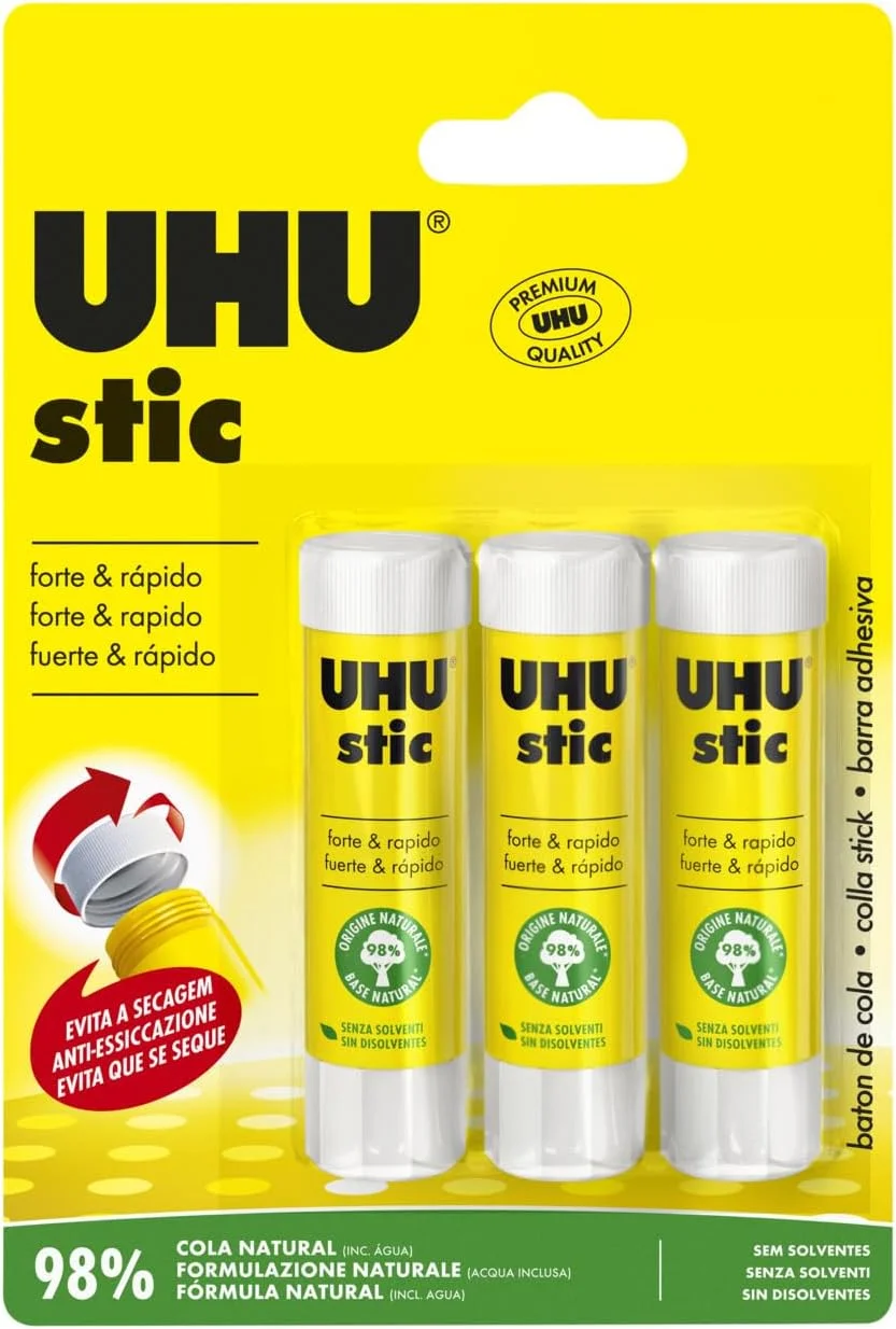 چسب ماتیکی UHU، 8.2 گرم، بسته 3 عددی، چسب ماتیکی اثبات شده، قوی، سریع، بدون حلال، تمیز، ایمن و پایدار برای مدرسه، خانه، دفتر، کودکان، هنر و صنایع دستی، 98% طبیعی، اکنون بسته بندی شده در پلاستیک بازیافتی 50%