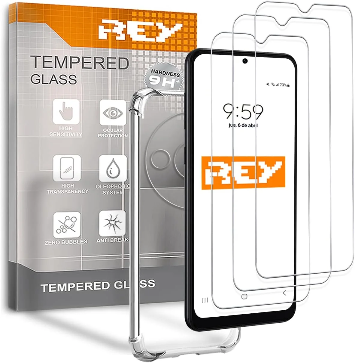 محافظ صفحه نمایش ضد ضربه و قاب محافظ REY مدل Xiaomi Redmi A3 4G، شیشه حرارت دیده و سیلیکون TPU با مقاومت بالا (3 عدد)