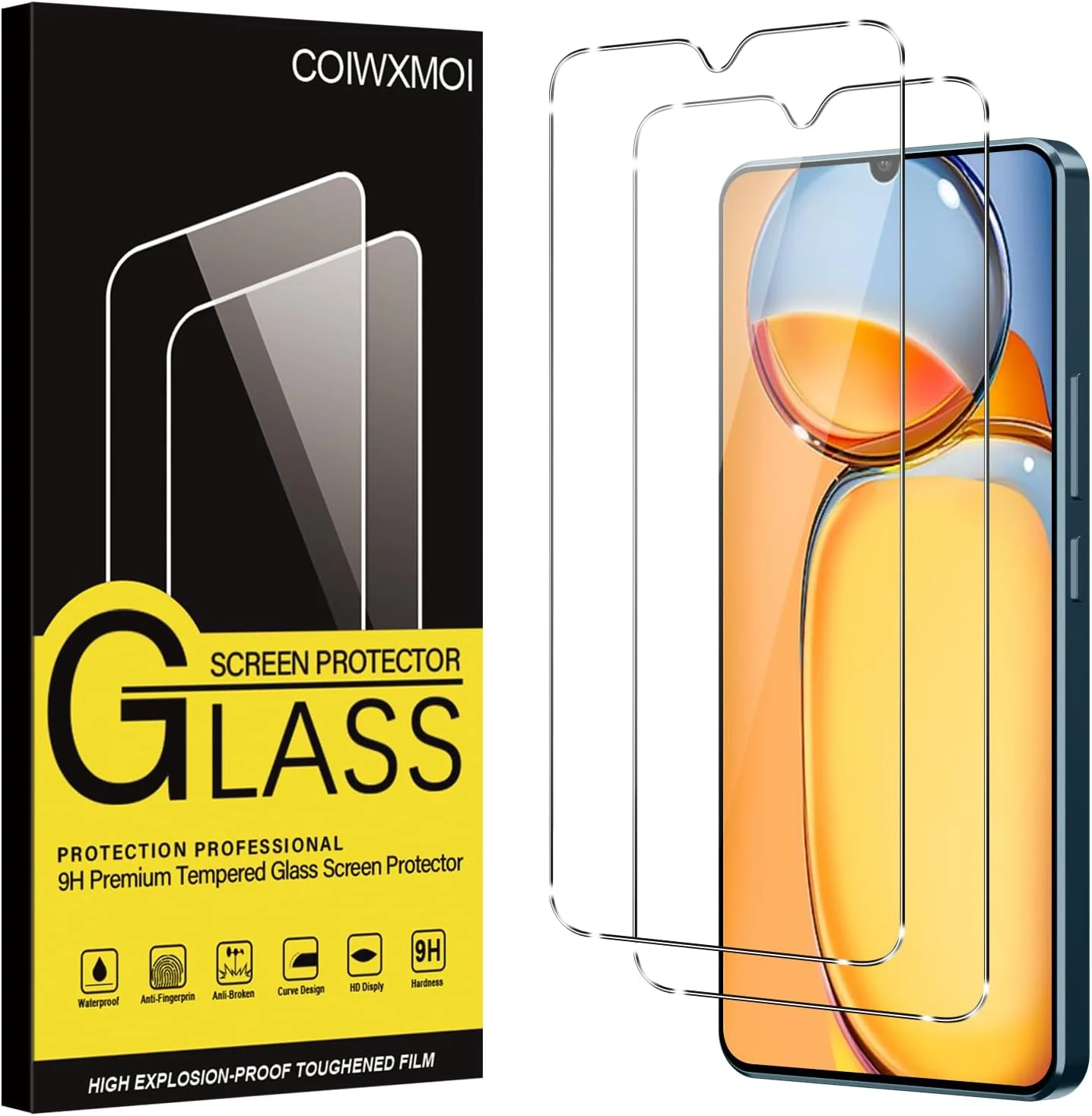 محافظ صفحه نمایش Coiwxmoi بسته 2 عددی برای شیائومی Redmi 13C/Poco C65، شیشه محافظ تمام صفحه با سختی 9H، محافظ صفحه نمایش فوق العاده شفاف HD، مقاوم در برابر خش، بدون حباب و ضد اثر انگشت