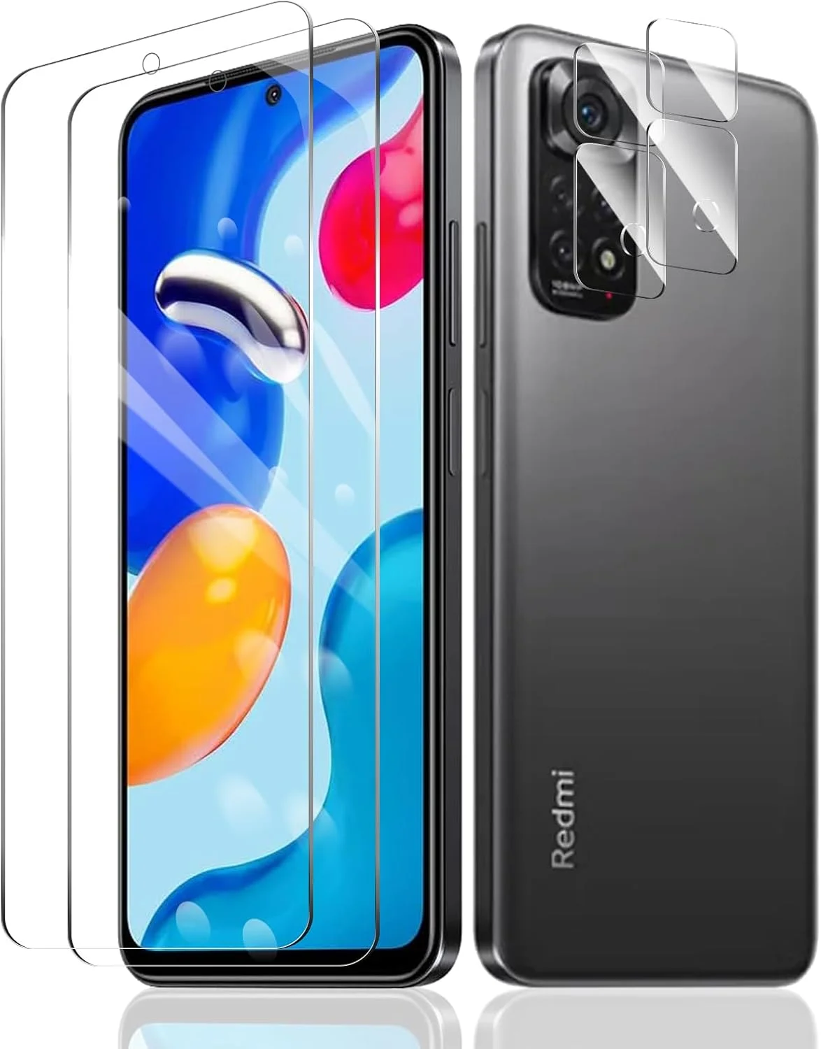 2 عدد محافظ صفحه نمایش برای شیائومی ردمی نوت 11s 4G + 2 عدد محافظ لنز دوربین، شیشه حرارت دیده با سختی 9H، مقاوم در برابر خش، نصب آسان، بدون حباب، بدون گرد و غبار، محافظت در برابر ضربه