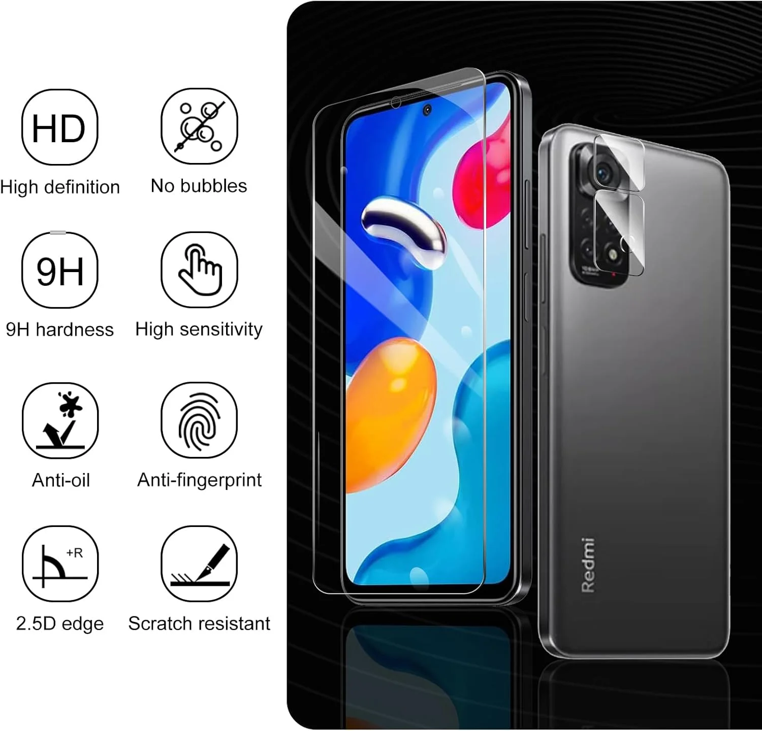 2 عدد محافظ صفحه نمایش برای شیائومی ردمی نوت 11s 4G + 2 عدد محافظ لنز دوربین، شیشه حرارت دیده با سختی 9H، مقاوم در برابر خش، نصب آسان، بدون حباب، بدون گرد و غبار، محافظت در برابر ضربه