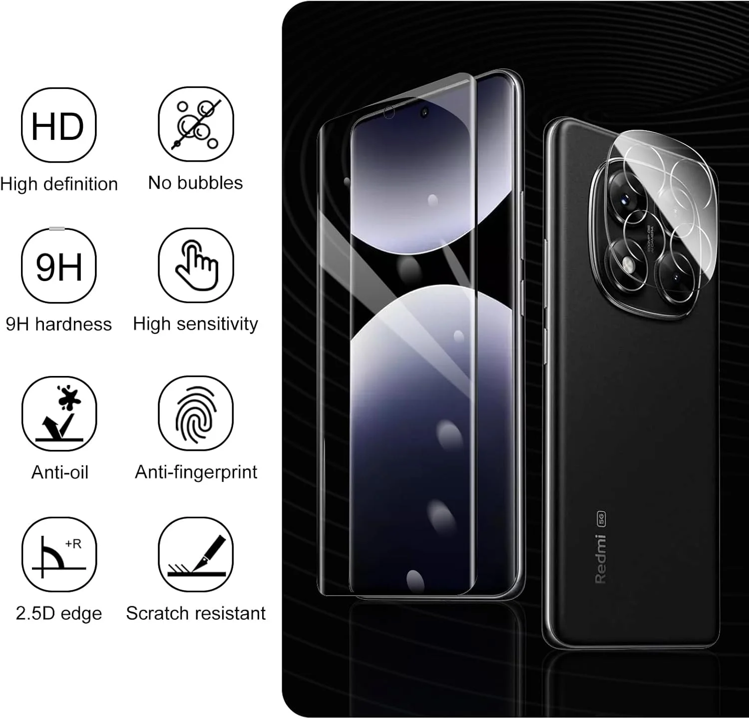 محافظ صفحه نمایش 2 عددی برای شیائومی ردمی نوت 14 پرو 3D + محافظ لنز دوربین 2 عددی، شیشه حرارت دیده با سختی 9H، مقاوم در برابر خش، نصب آسان، بدون حباب، شفاف HD