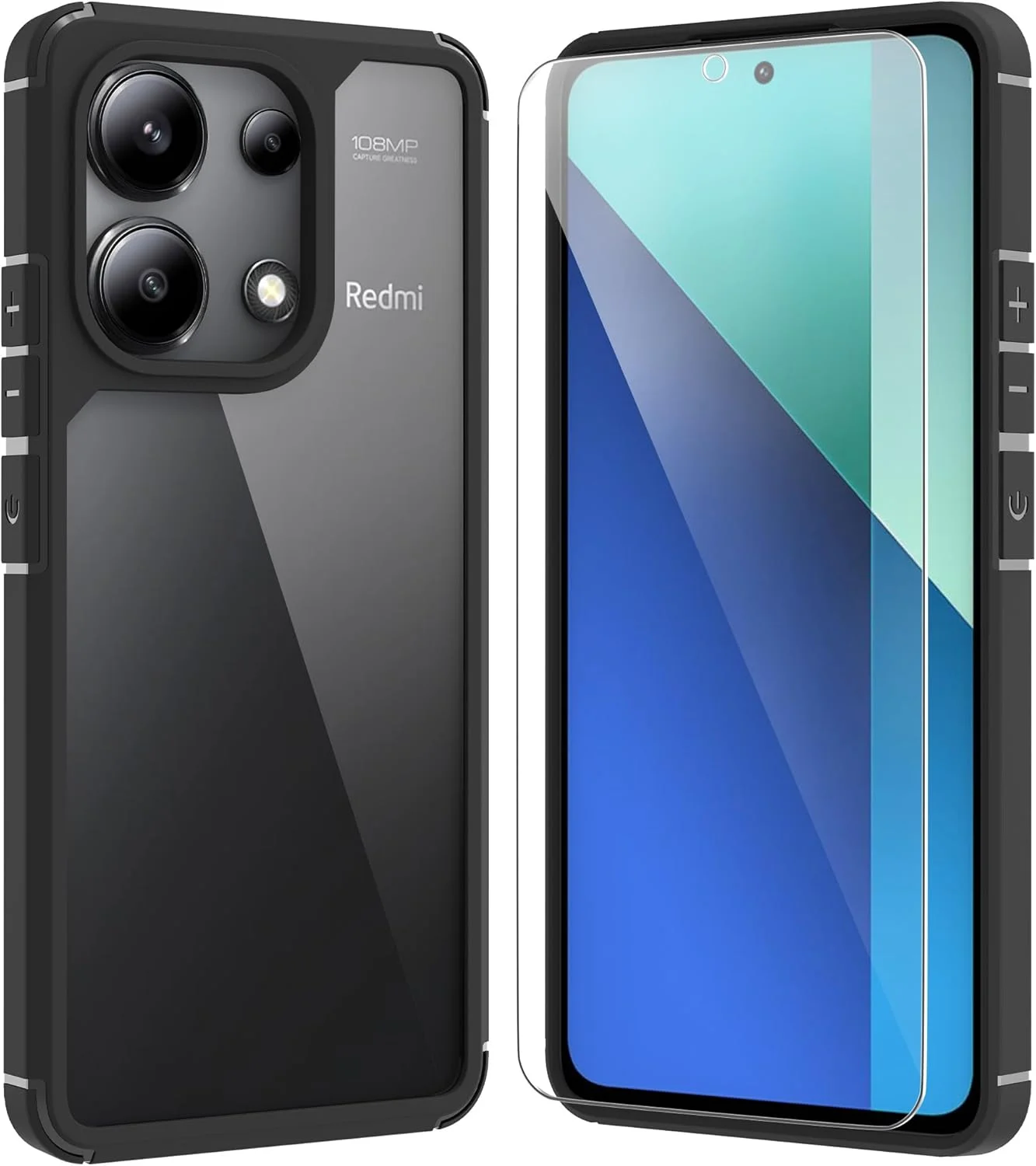 کاور گوشی شیائومی ردمی نوت 13 4G (6.67 اینچ) به همراه محافظ صفحه نمایش شیشه ای حرارت دیده، بامپر TPU نرم سیلیکونی، کاور محافظ پشتی شفاف - مشکی