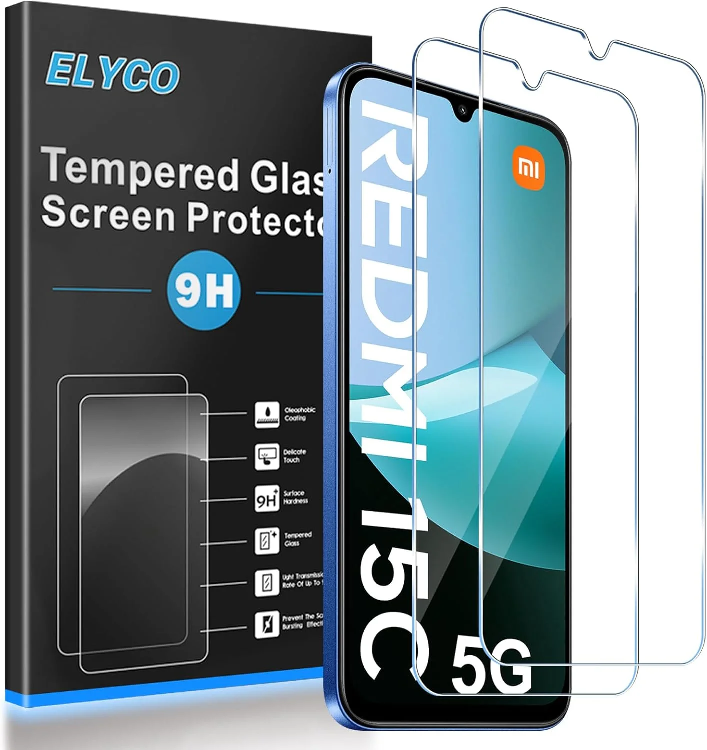 محافظ صفحه نمایش ELYCO سازگار با Xiaomi Redmi 15C 4G/5G، شیشه حرارت دیده، بسته 2 عددی، شیشه محافظ سخت با سختی 9H، شیشه محافظ HD ضد خش و بدون حباب