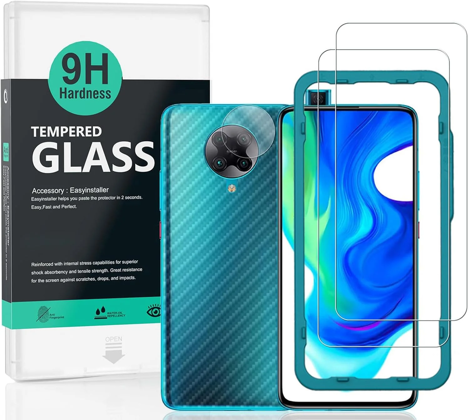 محافظ صفحه نمایش شیشه ای سخت شیائومی پوکو F2 پرو/ردمی K30 پرو Ibywind، 6.67 اینچ، بسته 2 عددی، سختی 9H، همراه با 1 عدد محافظ لنز دوربین، 1 عدد فیلم فیبر کربن پشت، نصب آسان