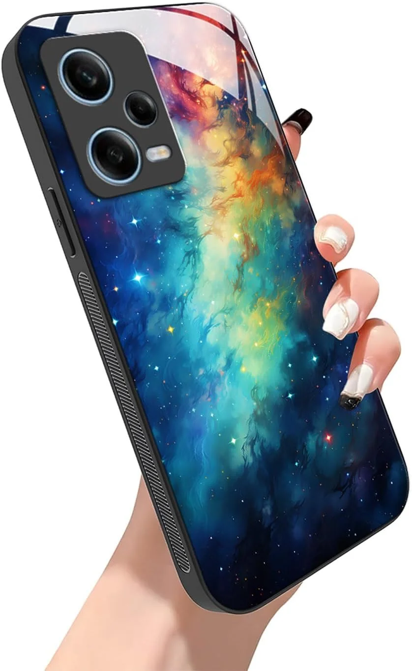 کاور گوشی YUXING برای شیائومی Redmi Note 12 Pro 5G - طرح هندسی هنری آبستره، کاور پشتی شیشه ای ضد خش، قاب باریک ضد لغزش و مقاوم در برابر ضربه (آسمان پر ستاره)
