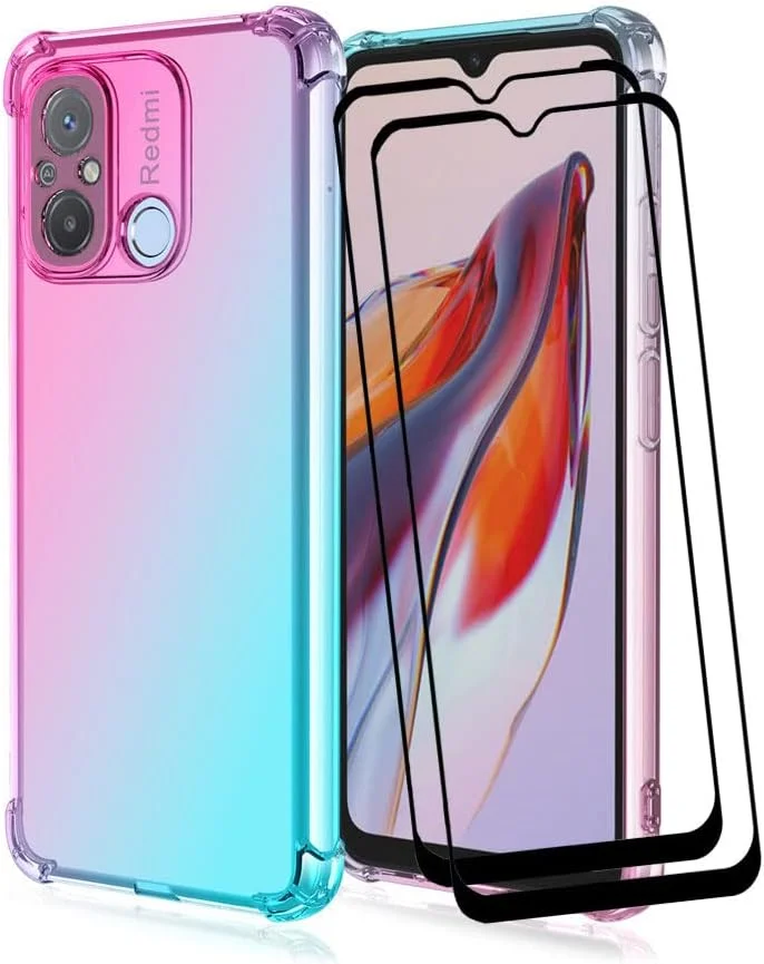کاور ران ران برای گوشی شیائومی Redmi 12C/ Redmi 11A 4G به همراه 2 محافظ صفحه نمایش شیشه ای حرارت دیده، کاور محافظ TPU ضد خش با رنگ گرادیان شفاف - صورتی سبز