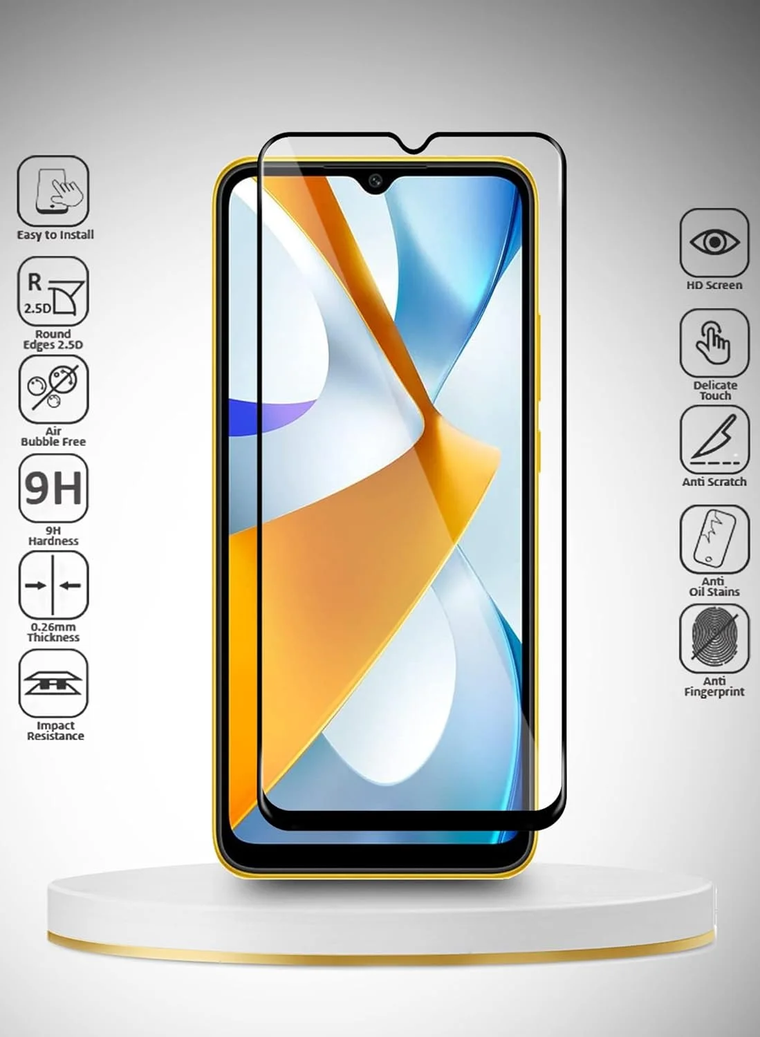 محافظ صفحه نمایش شیشه ای حرارت دیده چسب کامل 5D Wtech برای شیائومی پوکو C40، شفاف/مشکی