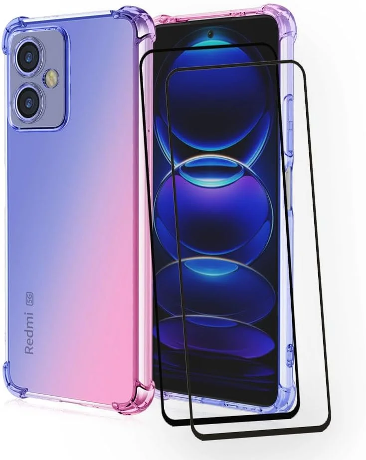 کاور محافظ گوشی ران ران برای ردمی نوت 12R Pro 5G / شیائومی پوکو M6 Pro به همراه 2 محافظ صفحه نمایش شیشه ای حرارت دیده، TPU ضد خش، رنگ گرادیان شفاف، آبی صورتی