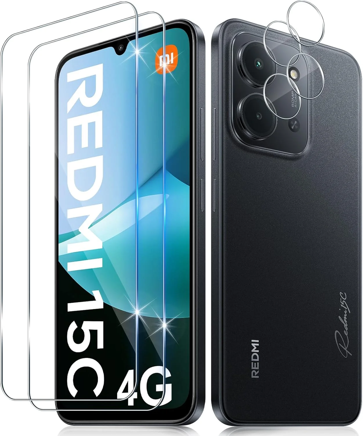 محافظ صفحه نمایش Funrae برای شیائومی Redmi 15C 15 C 5G/4G از جنس شیشه حرارت دیده با محافظ دوربین، 2 عدد فیلم 0.33 میلی متری با سختی 9H و 2 عدد محافظ دوربین فوق شفاف، ضد خش