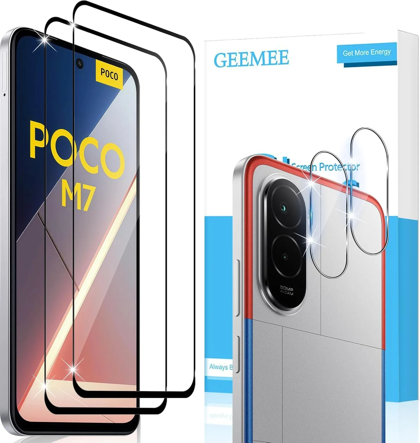 محافظ صفحه نمایش شیشه ای تمپرد GEEMEE برای شیائومی پوکو M7 4G به همراه محافظ لنز دوربین عقب، 2+2 تکه، سختی 9H، فیلم شیشه ای تمپرد HD، محافظ صفحه نمایش ضد خش و بدون حباب