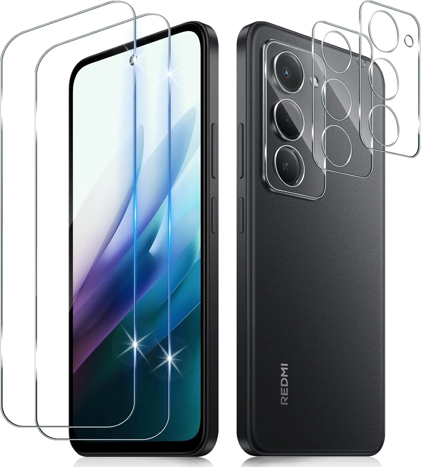 محافظ صفحه نمایش شیشه ای تمپرد Funrae برای شیائومی ردمی 15 4G/5G، 2 عدد محافظ دوربین و 2 عدد محافظ صفحه نمایش، محافظ صفحه نمایش دوربین شفاف ضد خش 9H HD
