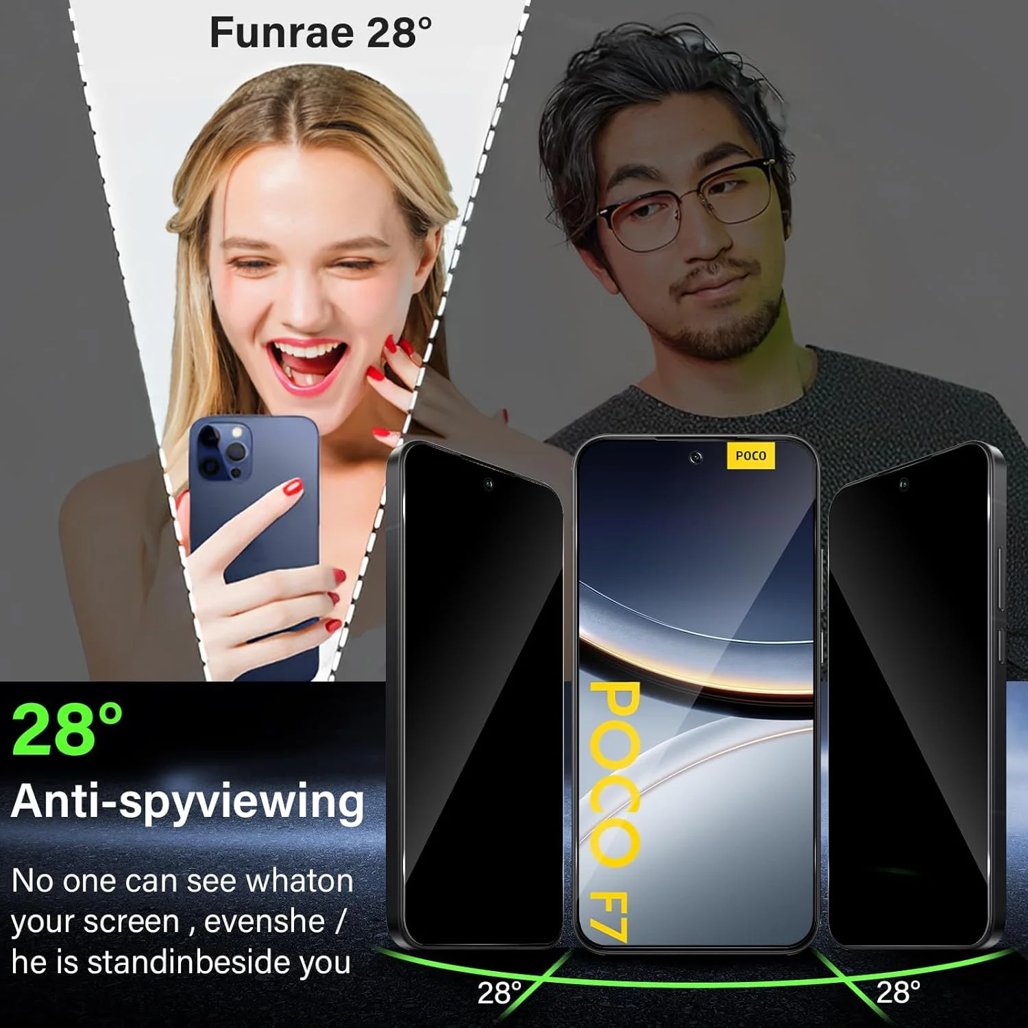 محافظ صفحه نمایش حریم خصوصی تمام صفحه Funrae برای گوشی شیائومی Mi Poco F7 5G، شیشه حرارت دیده، فیلم ضد جاسوسی با سختی 9H، شیشه محافظ حریم خصوصی، محافظ صفحه نمایش ضد جاسوسی [بسته 2 عددی]