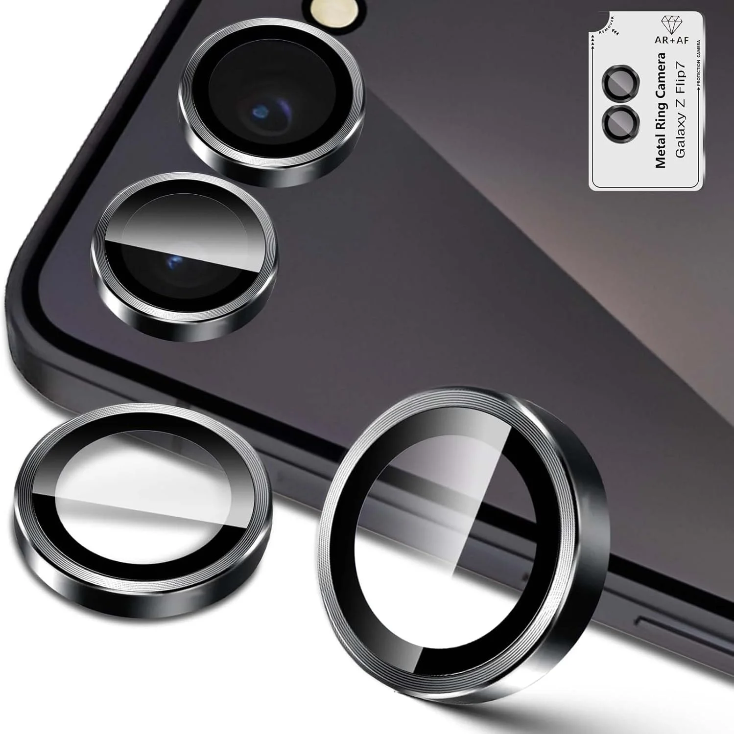 محافظ لنز دوربین Lutree برای گوشی سامسونگ گلکسی زد فلیپ 7 5G، محافظ صفحه نمایش لنز تکی 9H، حلقه فلزی + شیشه حرارت دیده، فیلم محافظ صفحه نمایش ضد خش HD - مشکی