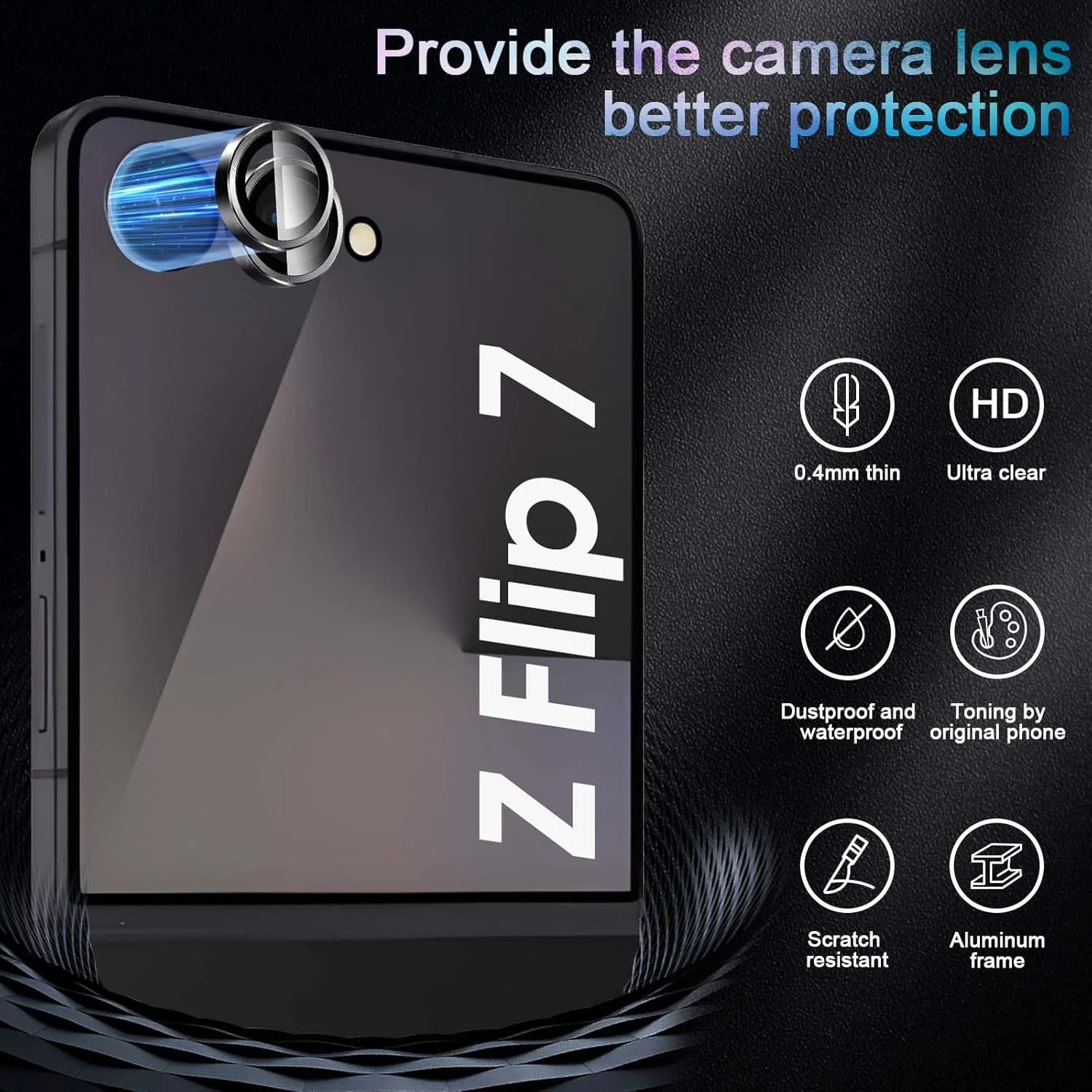 محافظ لنز دوربین Lutree برای گوشی سامسونگ گلکسی زد فلیپ 7 5G، محافظ صفحه نمایش لنز تکی 9H، حلقه فلزی + شیشه حرارت دیده، فیلم محافظ صفحه نمایش ضد خش HD - مشکی