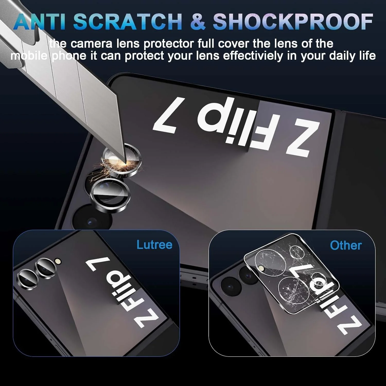 محافظ لنز دوربین Lutree برای گوشی سامسونگ گلکسی زد فلیپ 7 5G، محافظ صفحه نمایش لنز تکی 9H، حلقه فلزی + شیشه حرارت دیده، فیلم محافظ صفحه نمایش ضد خش HD - مشکی