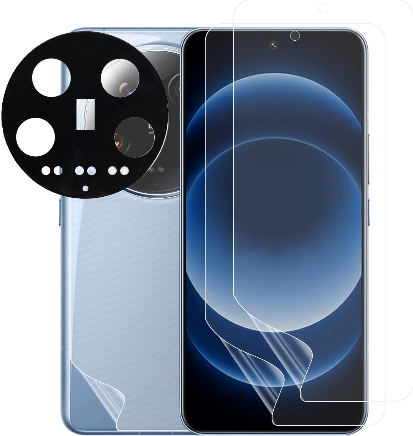 محافظ صفحه نمایش شیشه ای تمپرد دامهاتس بسته 2 عددی برای شیائومی 14 5G 6.36 اینچ، شامل 1 محافظ فلزی دوربین و 1 فیلم پشت فیبر کربنی، سختی 9H، نصب بدون حباب، فوق العاده شفاف و