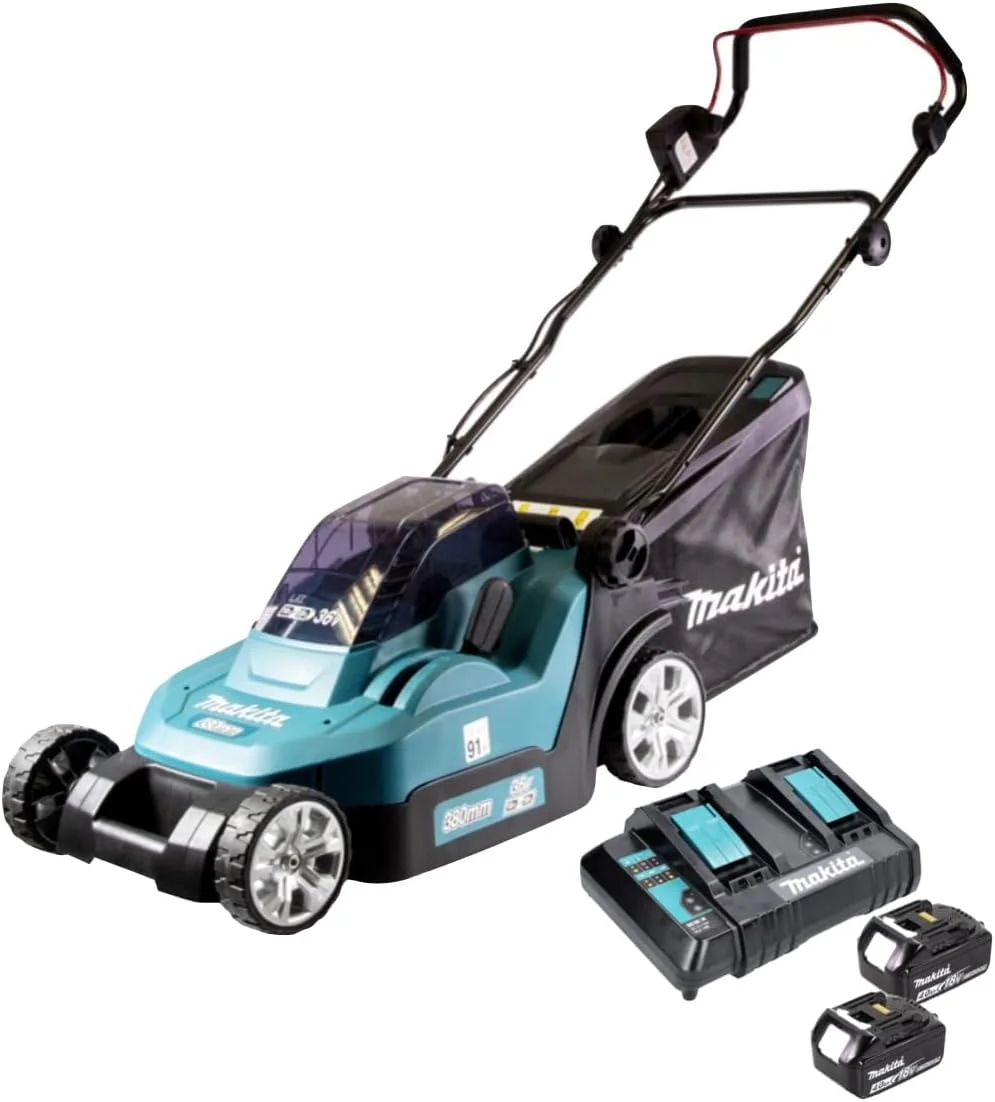 ماشین چمن زنی ماکیتا 36 ولت مدل DLM382CM2 با عرض برش 38 سانتی متر، 2 عدد باتری 18 ولت (2 عدد 4.0 آمپر ساعت) آبی