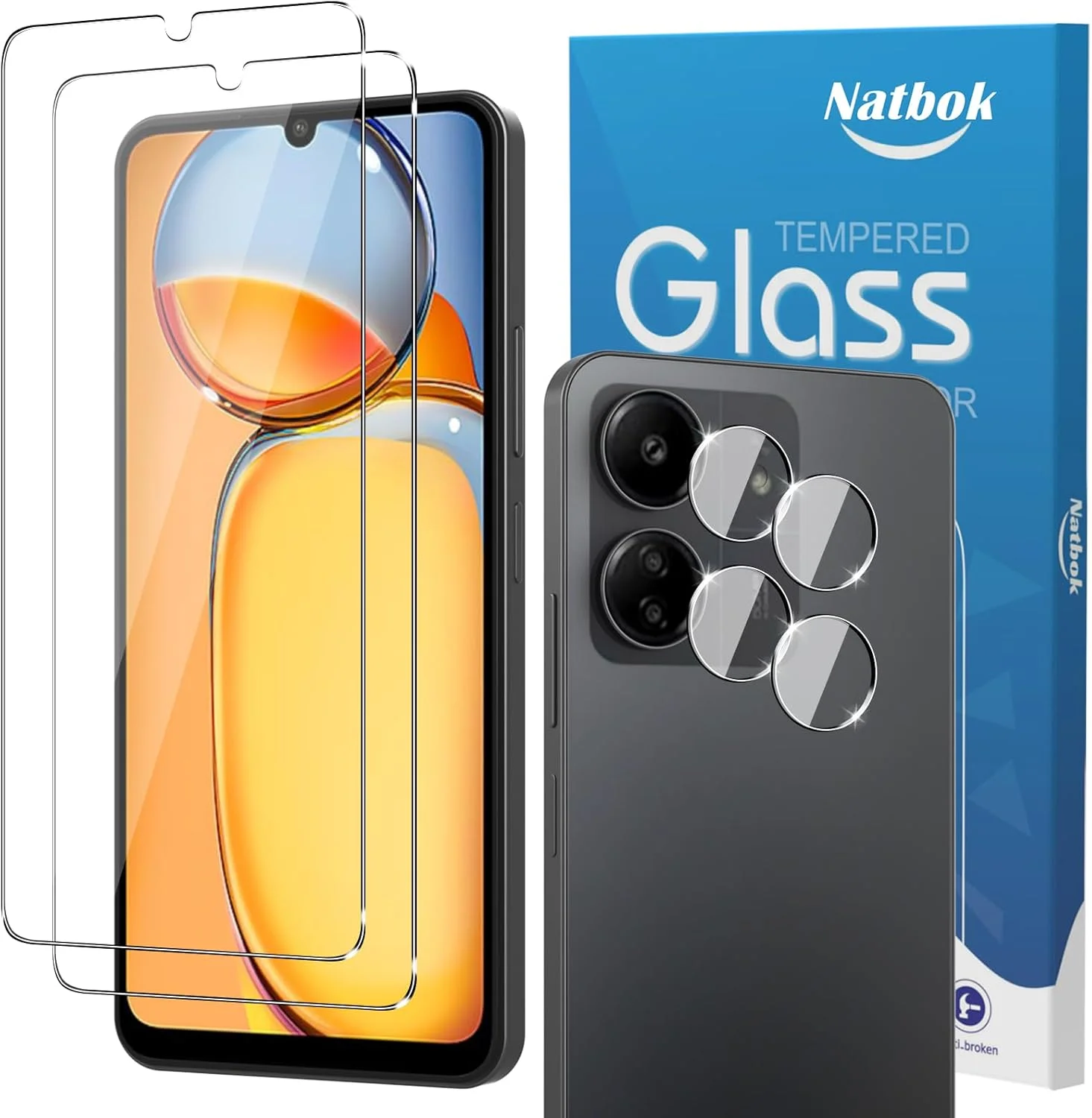 محافظ صفحه نمایش شیشه ای تمپرد Natbok (دو عدد) برای گوشی شیائومی پوکو C65/ ردمی 13C به همراه محافظ لنز دوربین، سختی 9H، فوق العاده مقاوم، ضد اثر انگشت، بدون حباب، فیلم شفاف HD برای گوشی پوکو C65