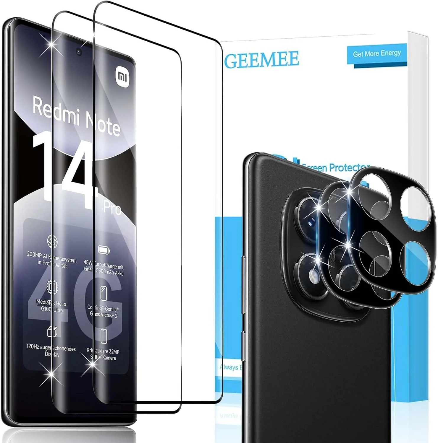 محافظ صفحه نمایش شیشه ای GEEMEE برای شیائومی Redmi Note 14 Pro 4G، بسته 2 عددی محافظ صفحه نمایش به همراه 2 محافظ دوربین (مشکی)، شیشه محافظ HD با سختی 9H و ضد خش