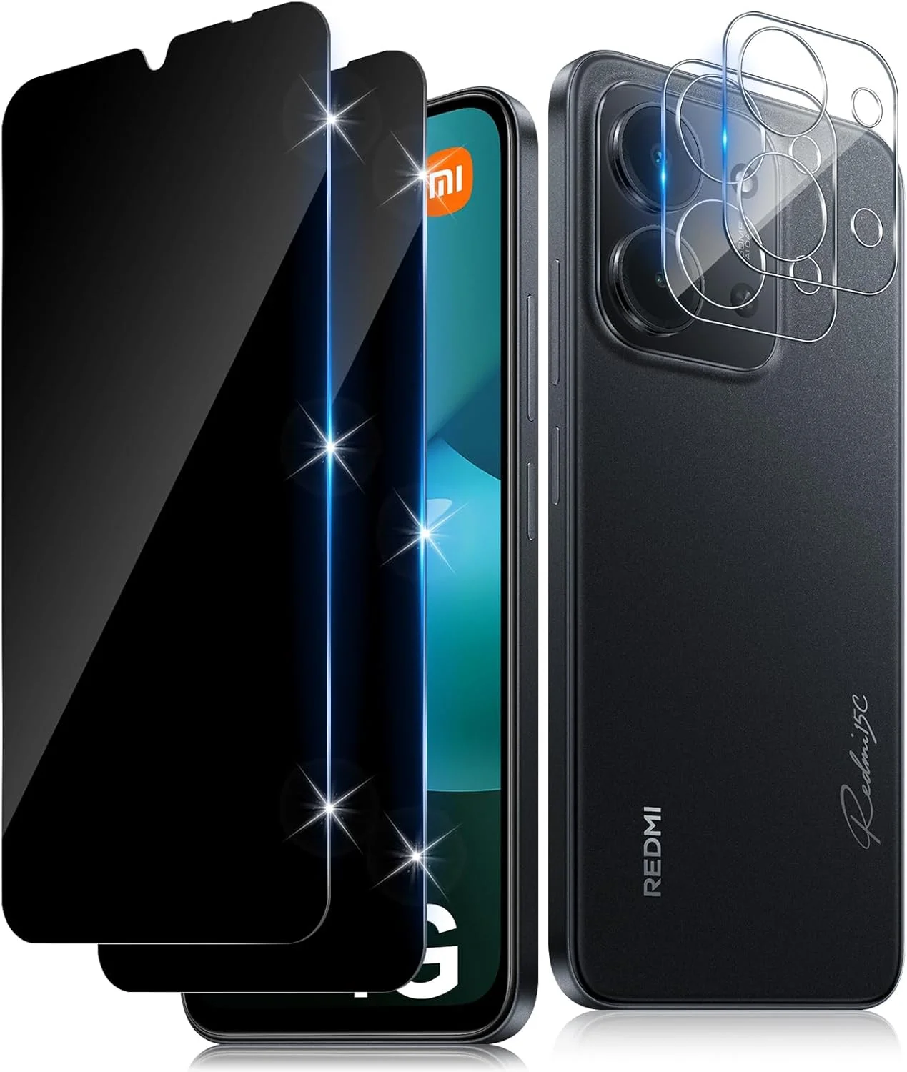 محافظ صفحه نمایش حریم خصوصی Funrae برای شیائومی Redmi 15C 15 C 4G از جنس شیشه حرارت دیده با محافظت از دوربین HD [2+2 تکه]، محافظ صفحه نمایش حریم خصوصی ضد جاسوسی، سختی 9H، ضد خش، ضد لک