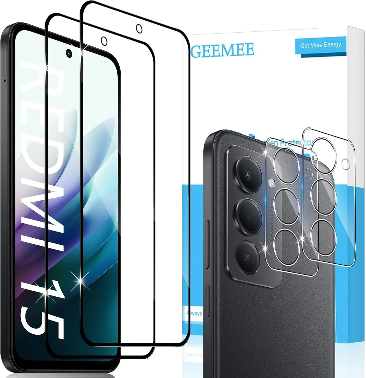 محافظ صفحه نمایش شیشه ای حرارت دیده GEEMEE برای شیائومی Redmi 15 4G، بسته 2 عددی محافظ شیشه ای + 2 عدد محافظ صفحه نمایش دوربین، فیلم شیشه ای با سختی 9H، محافظ صفحه نمایش شفاف HD، محافظ صفحه نمایش ضد خش