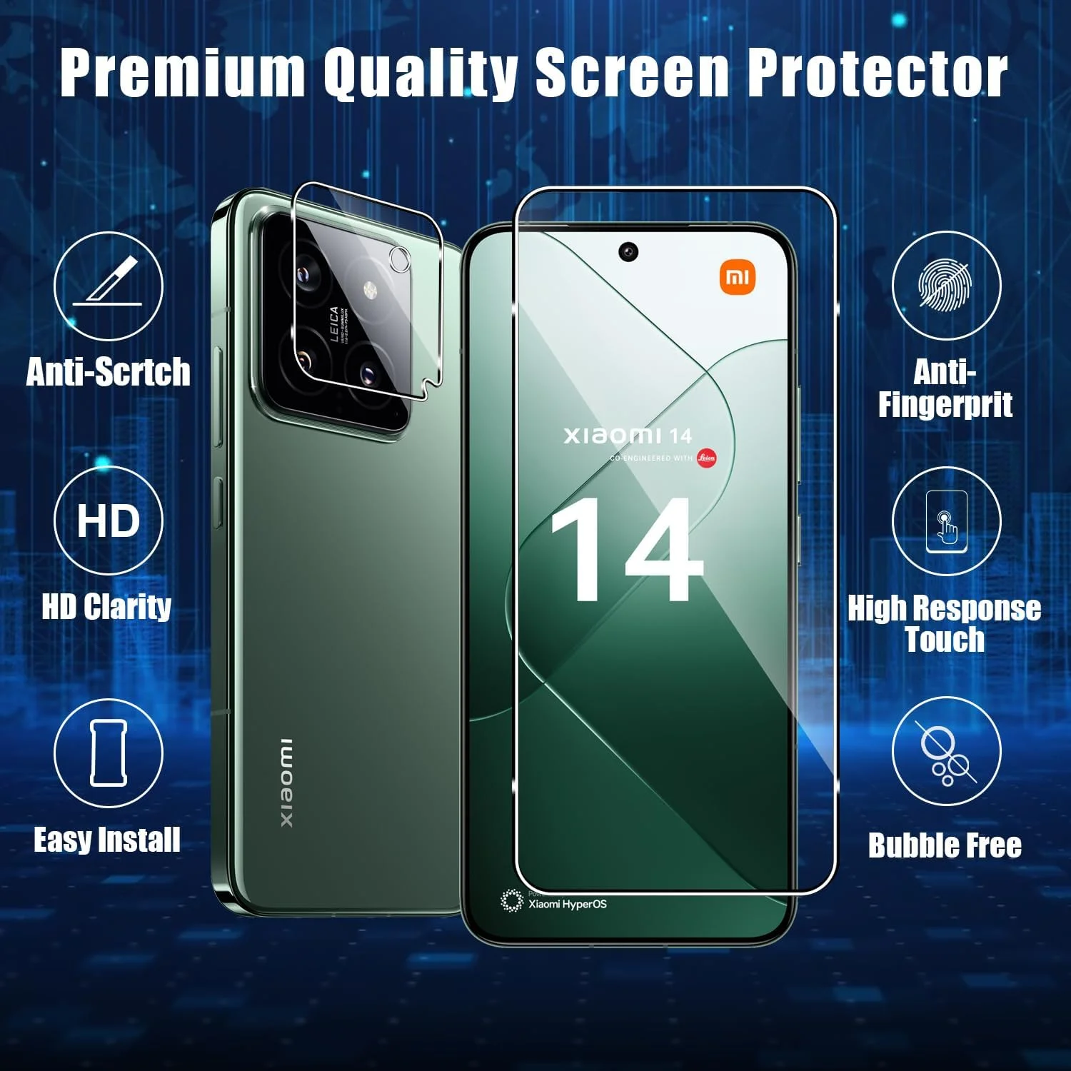 محافظ صفحه نمایش شیشه ای هولیلو برای شیائومی 14 + محافظ دوربین عقب 【2 + 2 عدد】 غشای شیشه ای سخت شده مقاوم در برابر خش 9H، فیلم محافظ صفحه نمایش HD بدون حباب