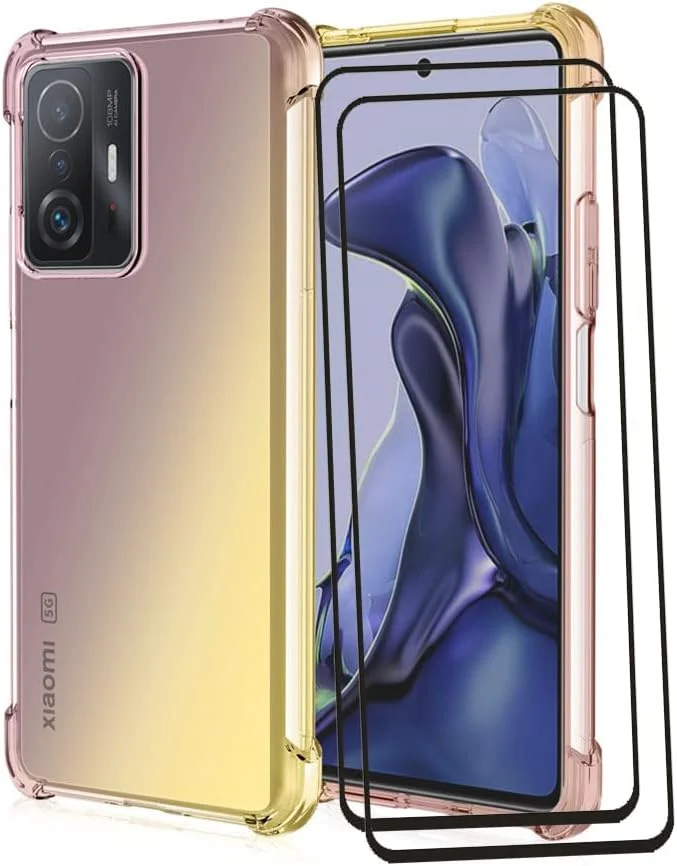کاور RonRun برای شیائومی 11T (11T PRO) + 2 محافظ صفحه نمایش شیشه ای حرارت دیده، TPU سیلیکونی محافظ گرادیان شفاف فوق العاده نازک ضد زردی، مشکی طلایی