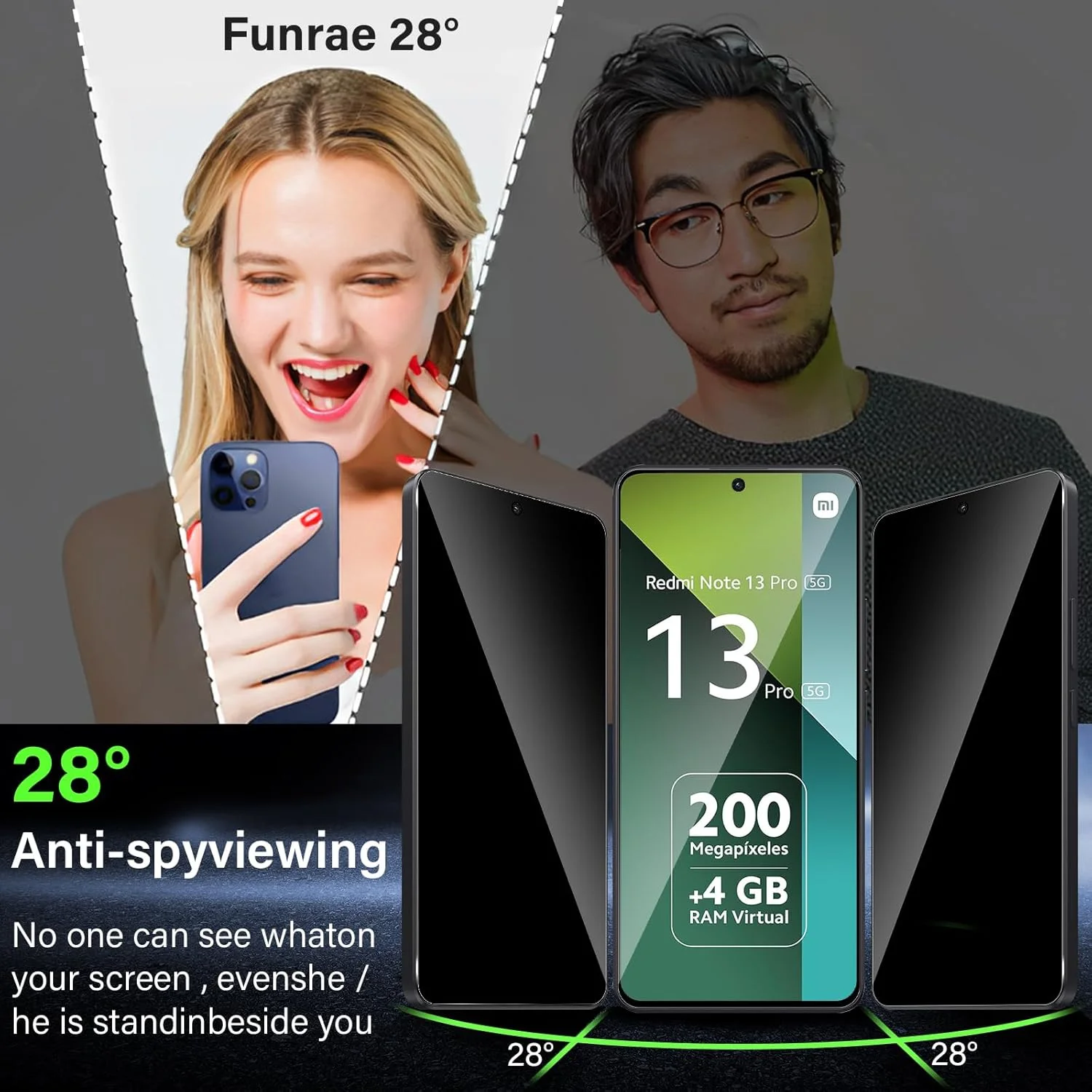 محافظ صفحه نمایش حریم خصوصی شیشه ای Funrae برای شیائومی Redmi Note 13/Xiaomi Redmi Note 13 Pro 4G/5G، بسته 2 عددی، سختی 9H، ضد جاسوسی، پوشش کامل، ضد جاسوسی، بدون حباب