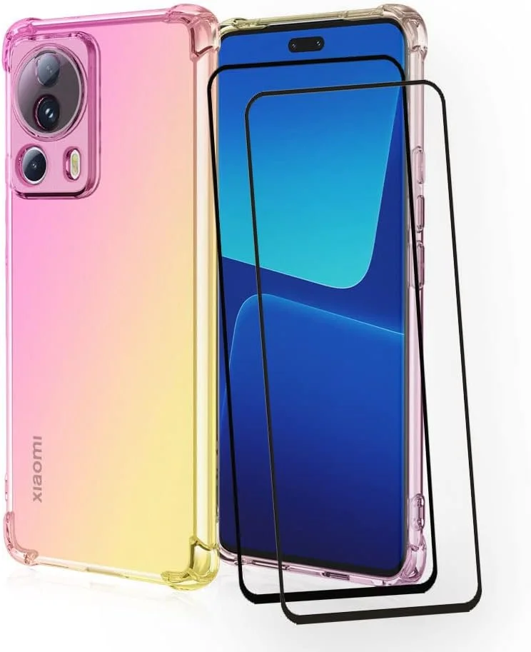 کاور محافظ گوشی شیائومی 13 لایت RonRun به همراه 2 محافظ صفحه نمایش شیشه ای حرارت دیده، TPU ضد خش، رنگ градиент شفاف، طلایی صورتی